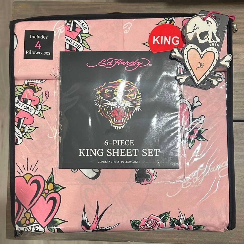 Ed Hardy Pink Tattoo-Print King Sheet Set